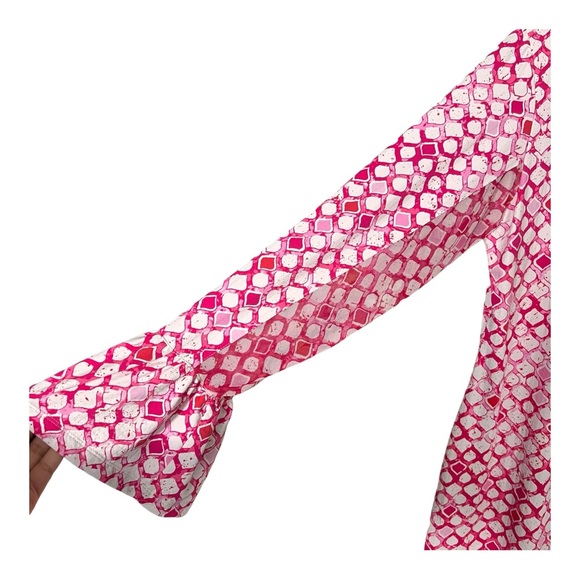 Ibkül Pink White Geo Print Long Mesh Sleeve 1/4 Popover Shift Active Dress Sz L - Picture 4 of 13